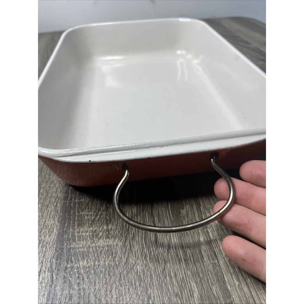 VTG Le Creuset France Orange Casserole Lasagna Pan Enameled Bail Handles Large - Picture 14 of 16